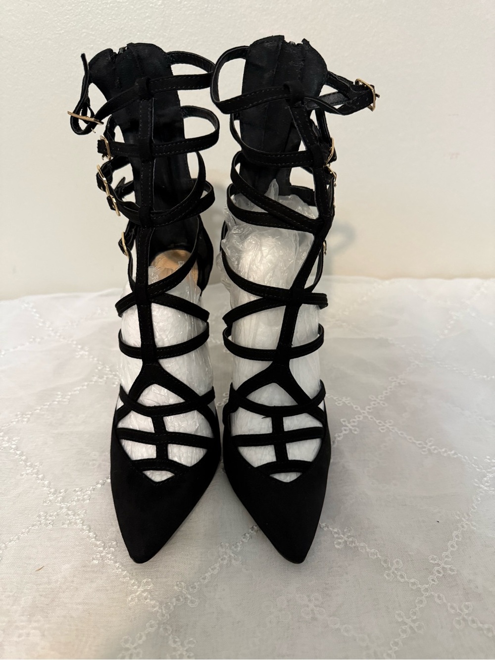 Black Strappy Pointed-Toe Women's Heels
